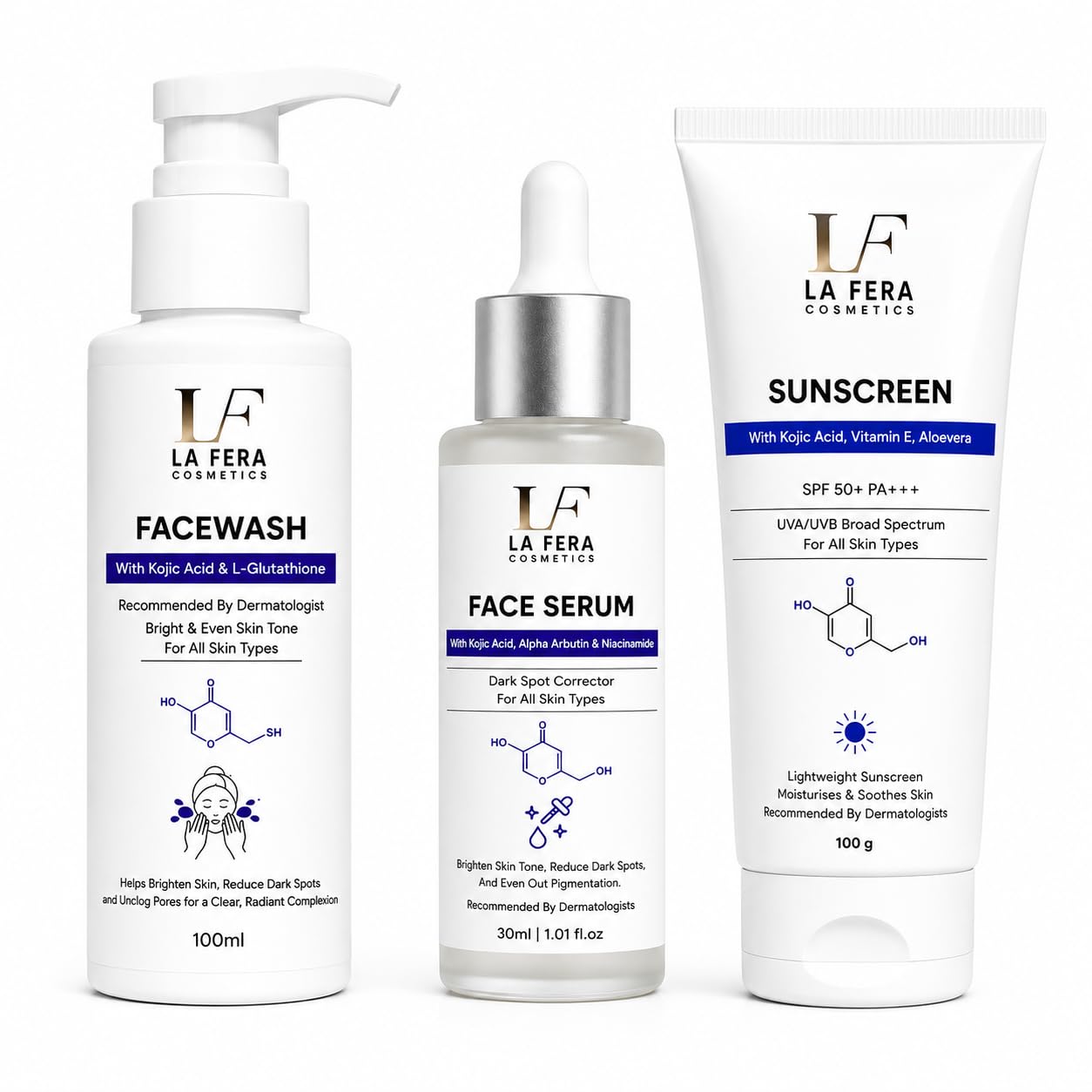 LA FERA Morning Skincare Kit | Face Wash 100ml + Face Serum 30ml + Sunscreen SPF 50+ PA+++ 100g | Kojic Acid, Alpha Arbutin, Niacinamide, L-Glutathione | Suitable for All Skin Types-image-21