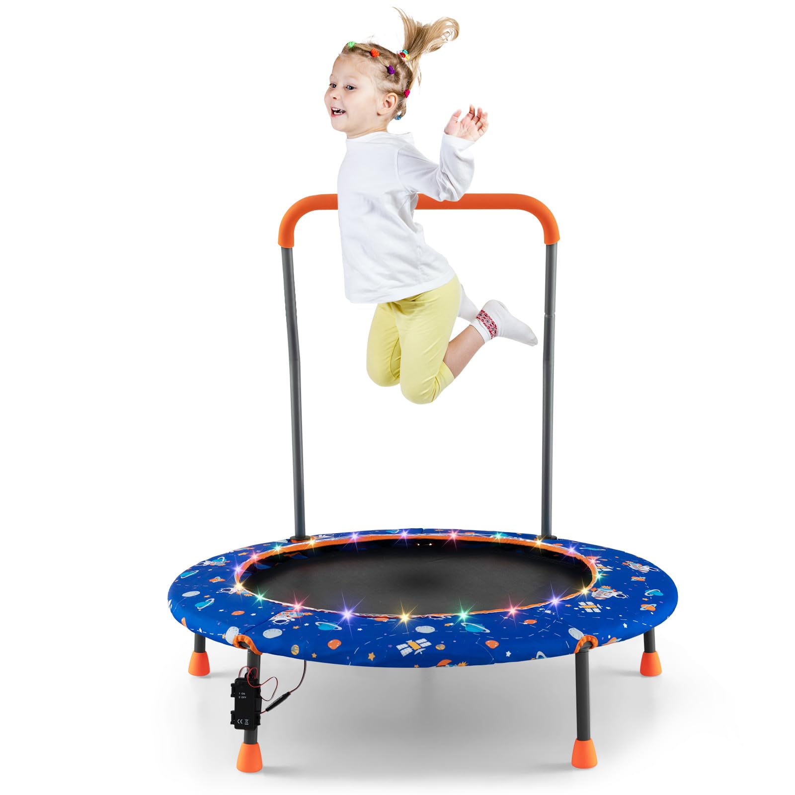 COSTWAY Trampoline Enfant Ø92CM avec 21 Lumières LED & Poignée Amovible, Mini Trampoline Exterieur Enfant avec Motif d'Astronaute & Tapis Antidérapant pour Enfant de 3-6 Ans