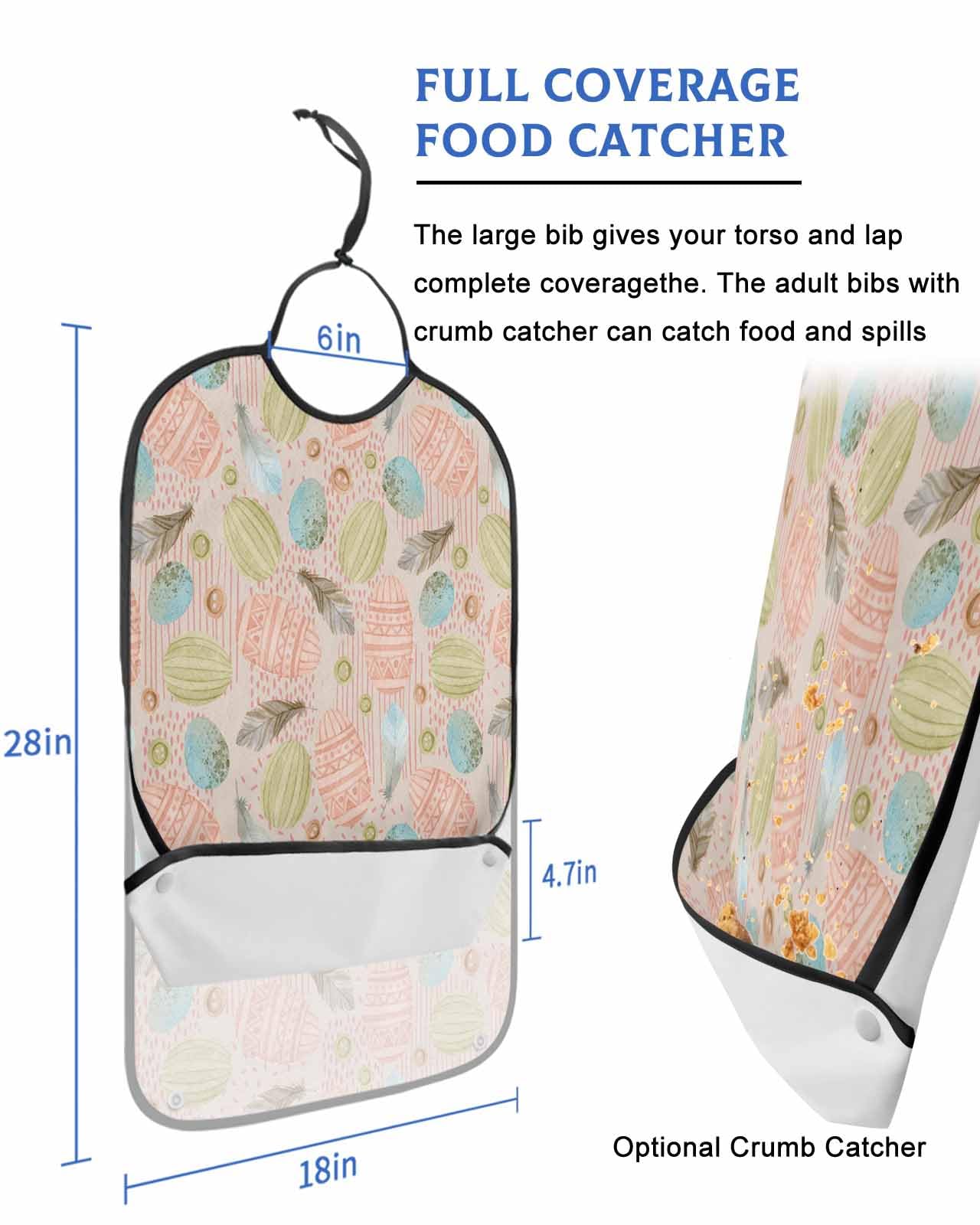 LEOKOTI Spring Easter Adult Bibs for Eating, Waterproof Bibs with Food Catcher & Adjustable Snap Closure, Pink Teal Blue Easter Eggs Boho Feather Washable Clothing Protectors Adult Bibs for Elderly