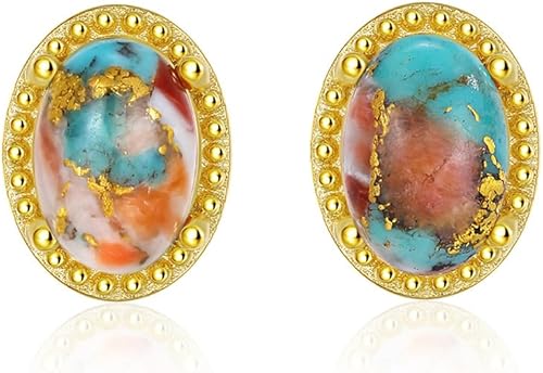 Phyonio Women's Turquoise Necklaces Stud Earrings, 14K Gold Plated Mother of Pearl Heart Necklace 925 Sterling Silver Irregular Rose Quartz Pendant