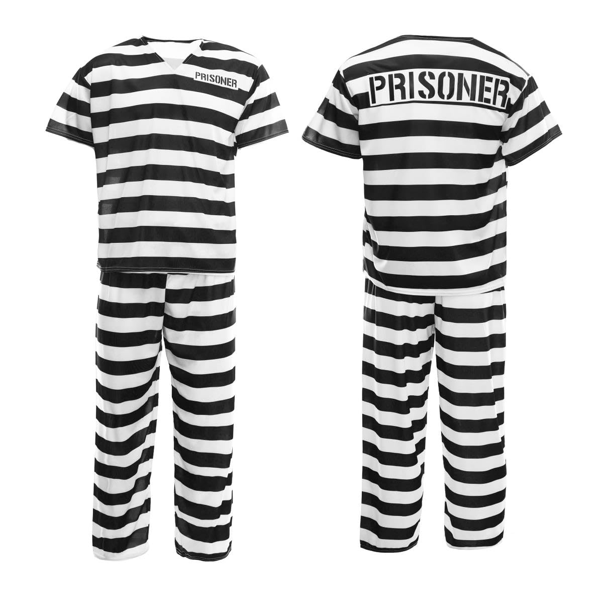 Adults Prisoner Costume - Mens Womens Convict Fancy Dress - Black & White Striped Top, Matching Trousers & Hat - Unisex TV & Film/Halloween Dress Up (Medium)
