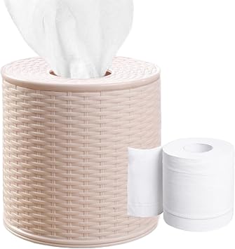 Tissue Holders, Toilet Paper Cover, Round Imitation Rattan Tissue Box Plastic Waterproof Toilet Paper Roll Cover Storage Single Roll and Tissues for Bathroom Dinner Table