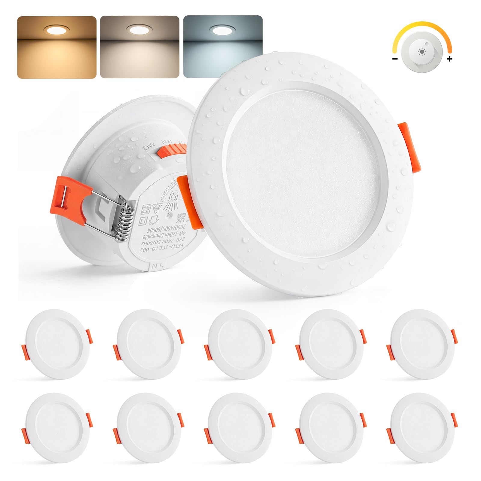 Sanyoung Reflektor LED do zabudowy, 230 V, możliwość ściemniania, zestaw 10 sztuk, 4 W, reflektor punktowy LED, 55 mm – 68 mm, wymiary otworu: ciepła biel, neutralna biel, zimna biel, IP44, lampa