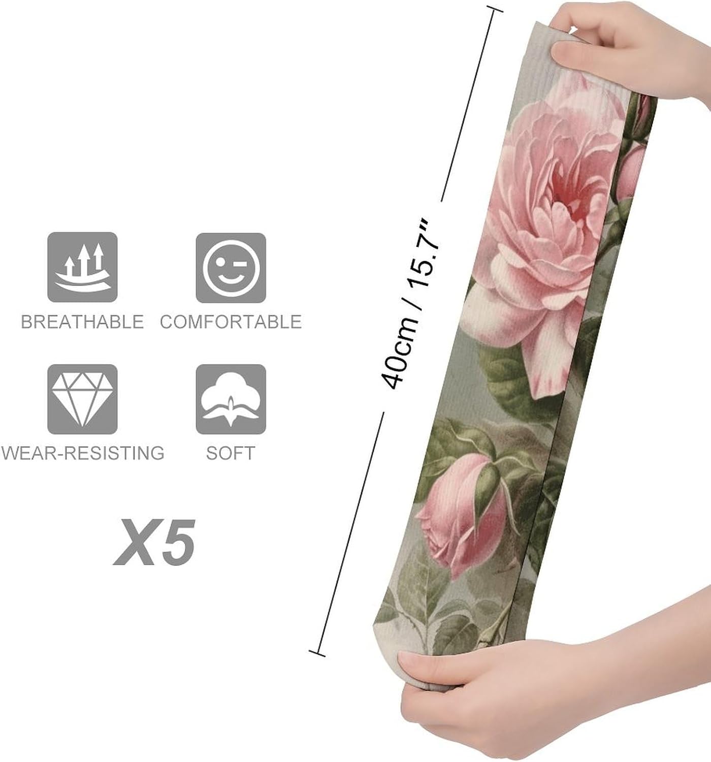 Vintage Pink Rose Socks 5-Pairs Breathable Crew Socks Casual Comfort Aesthetic Sock Lightweight Calf Sock