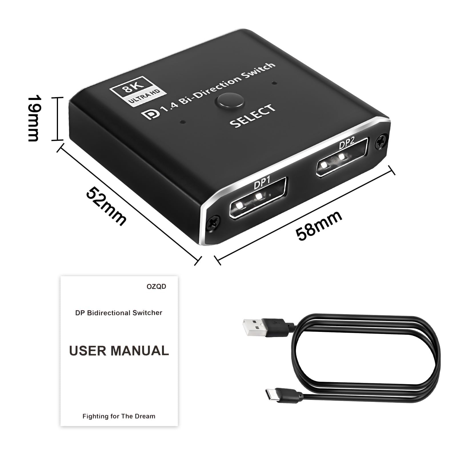 XMSJSIY DisplayPort Switch 8K Bi-directional DP 1.4 Switcher 1 in 2 out / 2 in 1 out High Speed Splitter DP Switch Converter Supports 8K@30Hz 4K@120Hz for PC Monitor Laptop HDTV