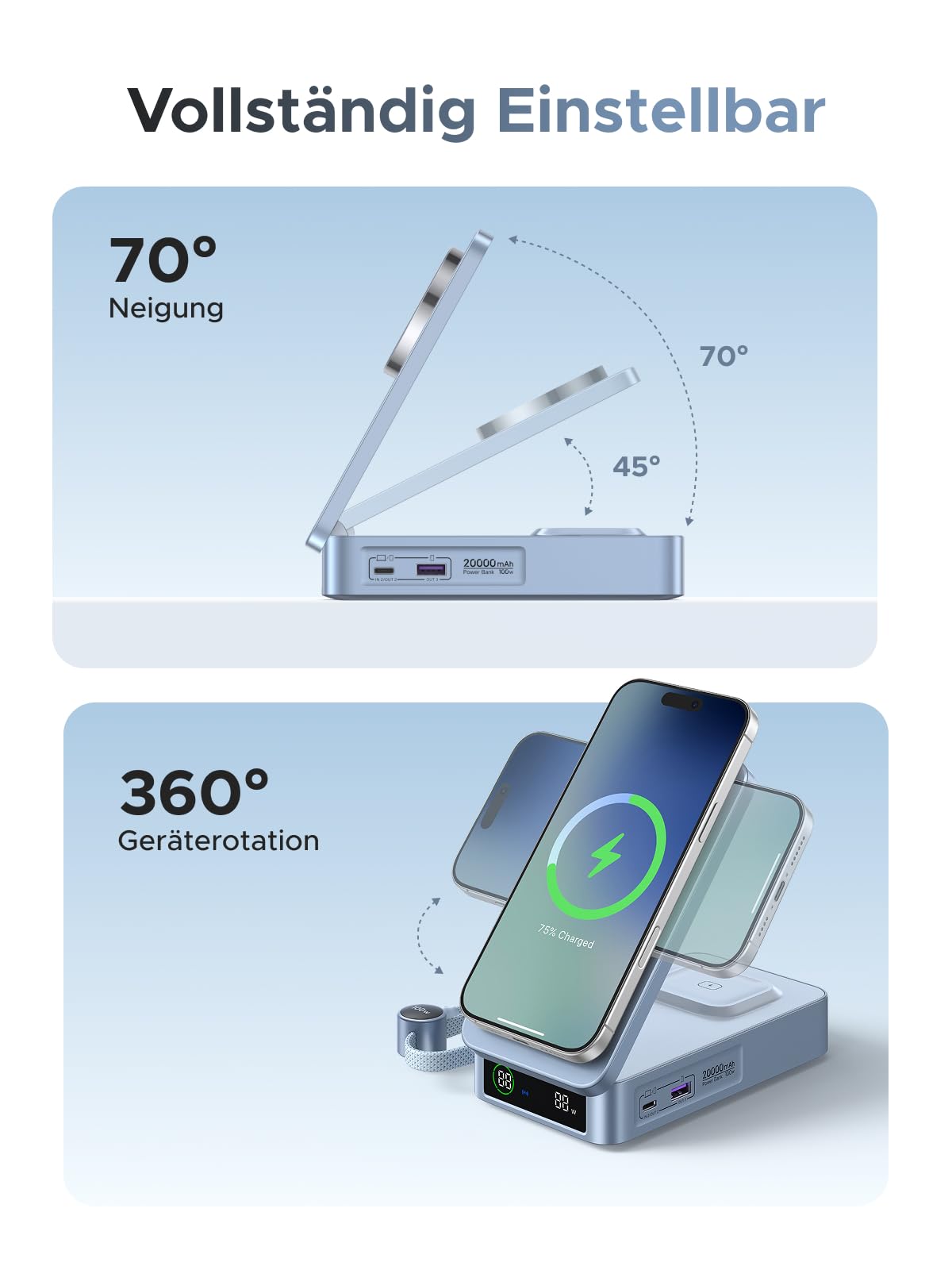 UGREEN MagFlow 20000mAh Qi2 25W Powerbank Magsafe mit USB-C 100W, AirPods | Qi2 Zertifiziert, Integriertes Kabel, Kabelloses Laden für Airpods, für iPhone 17-12, für Reisen und den Weg zur Arbeit