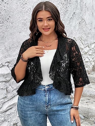 WDIRARA Women's Plus Size Open Front Ruffle Hem Crop Lace Jacket 3/4 Sleeve Sheer Outerwear3