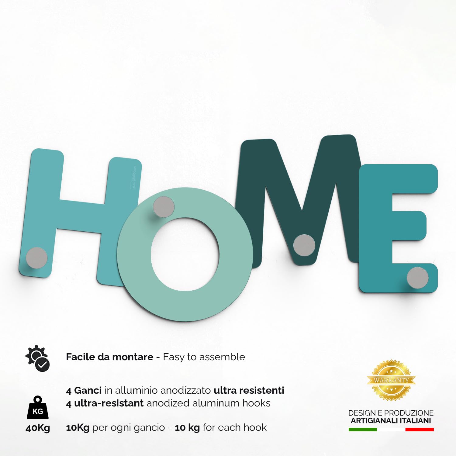 Giallobus - Appendiabiti da parete 4Me - 12 - Home - Legno Mdf + Alluminio - 60L x 25l cm - 07 - M - Attaccapanni da Muro con 4 Ganci in Alluminio e Legno