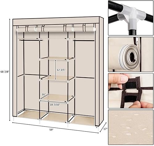 Miniatura 3 de Armario de ropa portátil de 69 pulgadas, armario de tela no tejida, organizador de almacenamiento con 9 estantes de almacenamiento, secciones para