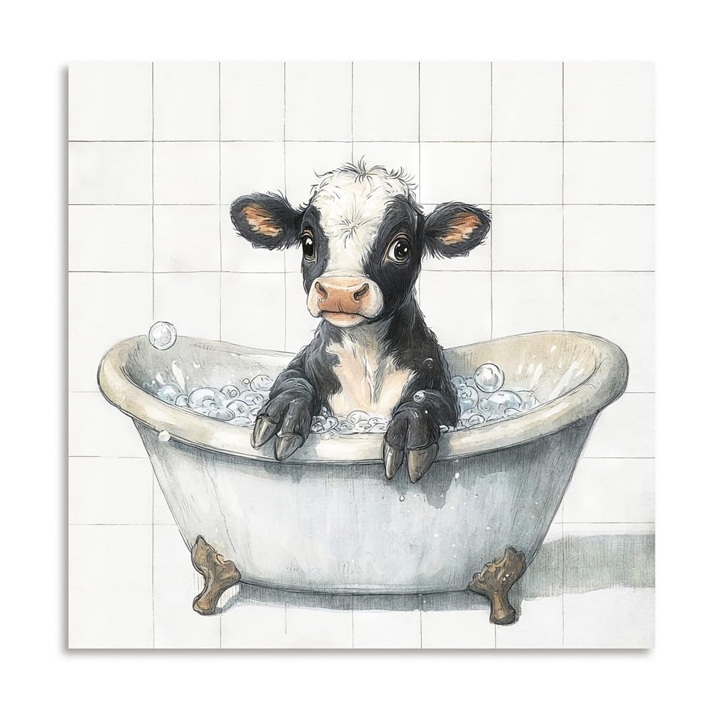 Baby Cow in Bathtub Canvas Wall Art, Cute Farm Cow Bathroom Wall Decor Pictures, Black and White Cow Poster Print (12×12 inch)