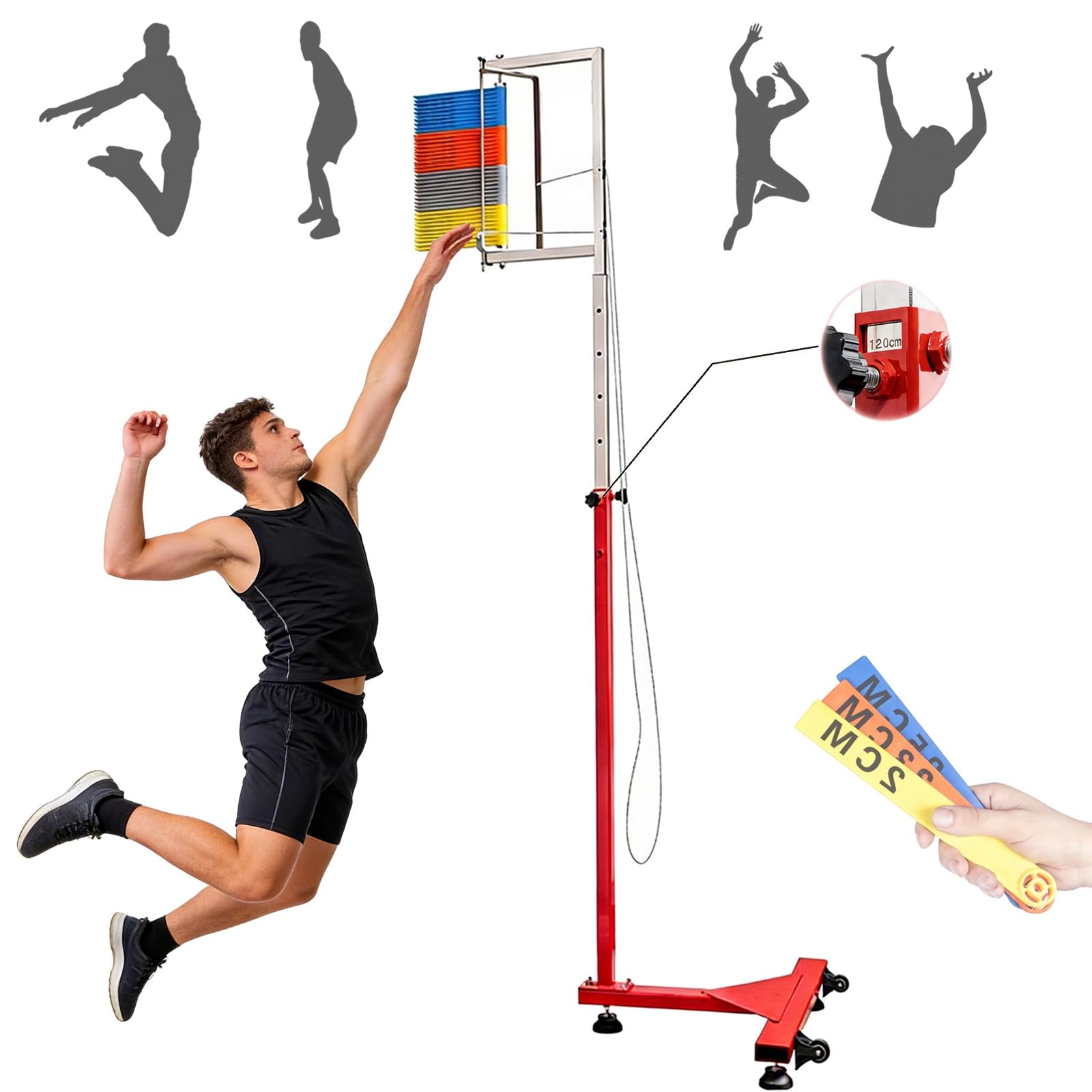 Herramienta de medición de salto vertical portátil con altura ajustable y ruedas para entrenamiento deportivo