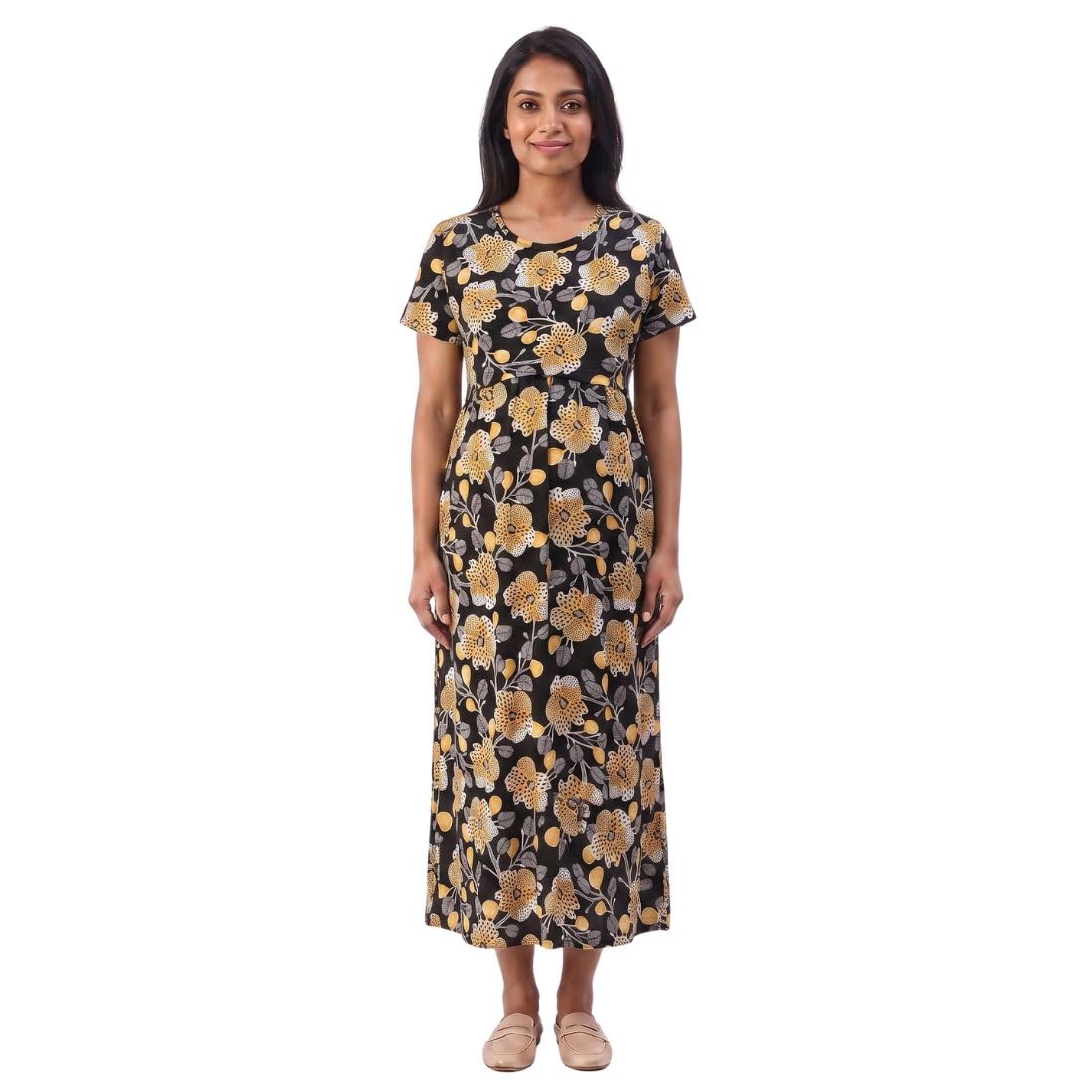 Feeding Dress for New Moms | Zipless Nursing Gown India | Cotton Maternity Nightwear | Ankle Length Pregnancy Nighty | 2 in 1 Pre & Post Pregnancy Dress | Pull Up Design | Comfortable Maternity Gown-image-2