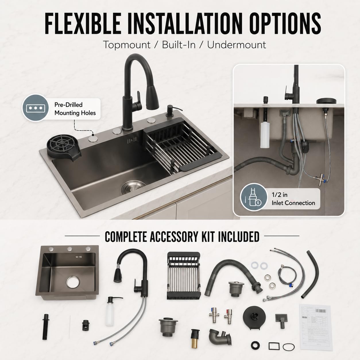Lavello da cucina in acciaio inox, 1 vasca, 45 x 40 cm, con rubinetto estraibile, lavello da incasso con lavacalici, cestello scolapiatti e dispenser di sapone, per ristoranti, caffè, bar e hotel