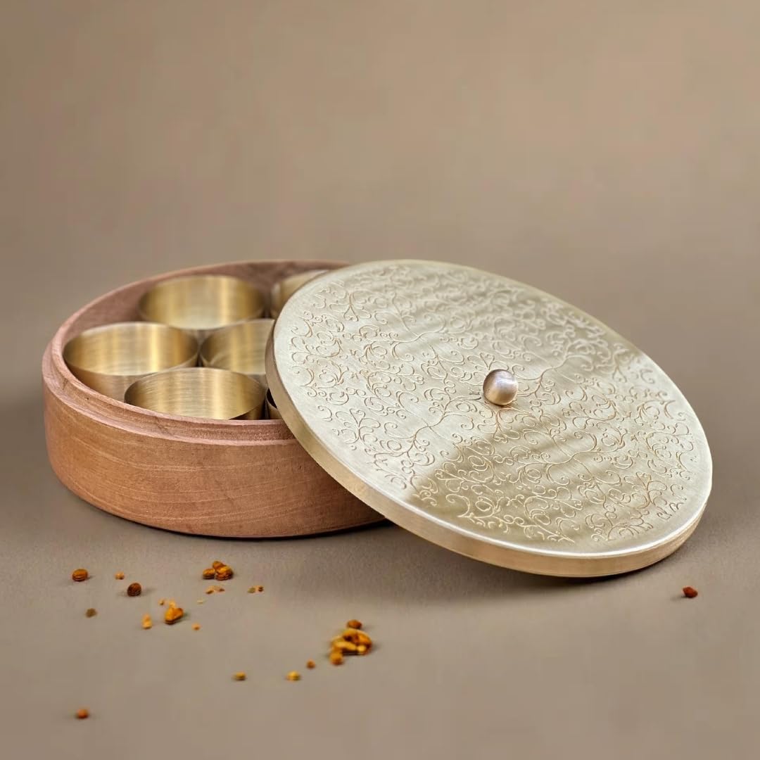 Pure Wood Brass Masala Box Set for Kitchen 7-50ML(each) Spice Container with Lidded Design Spice Masala Dabba For Indian Spices, Herbs and Seasoning Containers (Mandala,8.5 Inch)