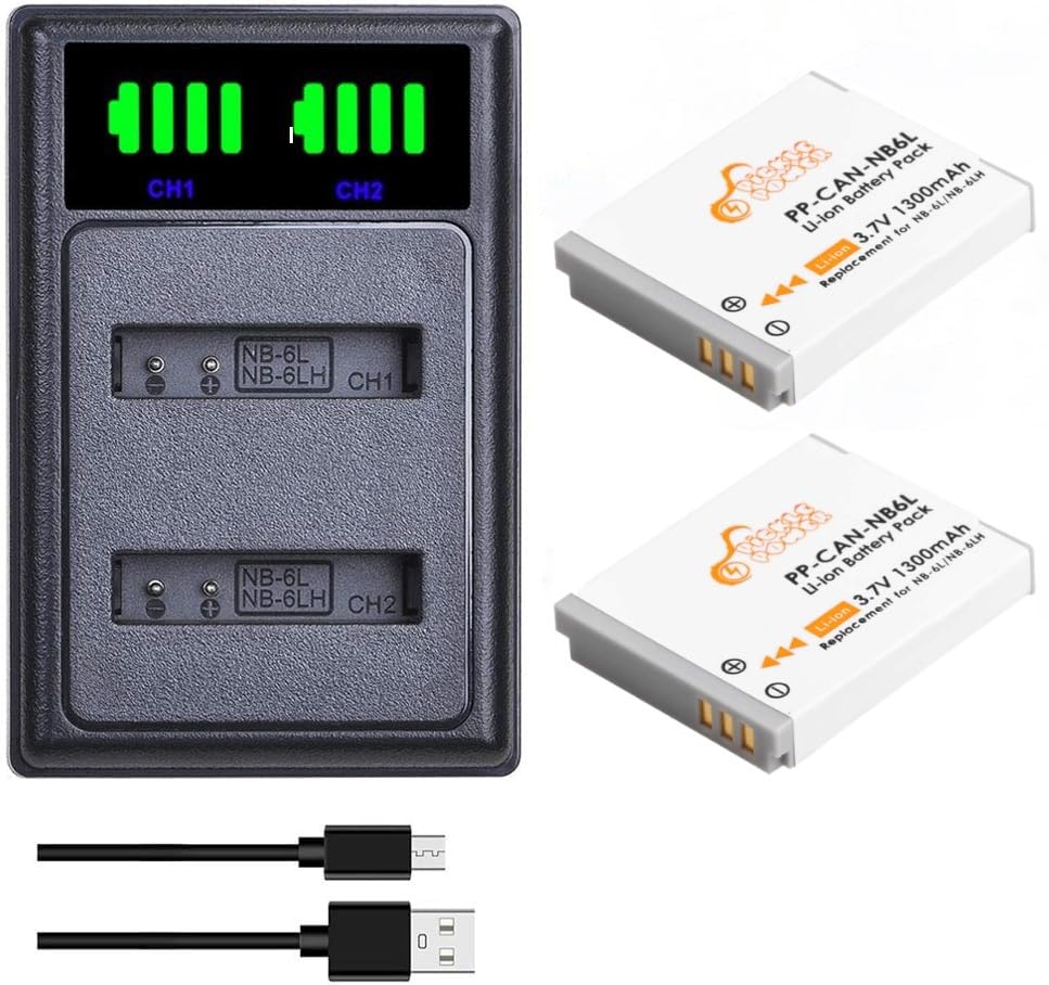 Pickle Power2Pcs NB-6L NB-6LH Battery and LED Dual Slots Charger for Canon PowerShot SX530 HS, SX710 HS, SX700 HS, SX610 HS, SX600 HS, SX540 HS, SX510 HS, SX500 is, SX280 HS, SX270, D30, S90 Cameras