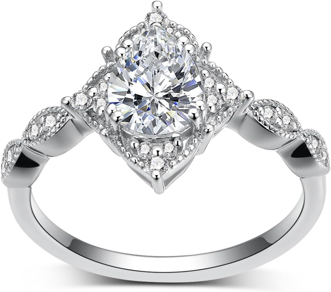 10K 14K 18K Solid Gold Pear Cut Moissanite Engagement Ring Sets for Women, 1-2 Carat Teardrop-Shaped Moissanite Milgrain Halo Bridal Wedding Ring Sets Anniversary Jewelry Gifts for Her