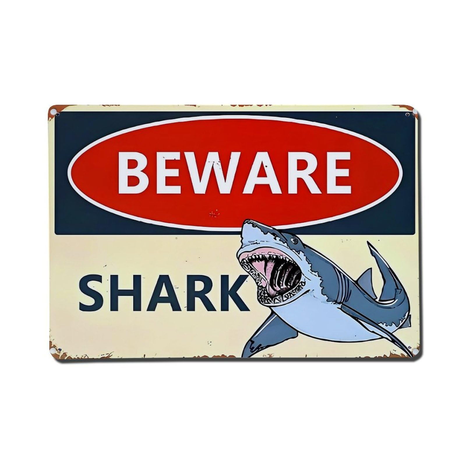 Jdfenggu Vintage Beware Shark Warning Sign Print Retro Metal Tin Sign, Metal Poster For Bar, Home, Man Cave, Kitchen, Laundry Room Art Decor 8X12 Inch