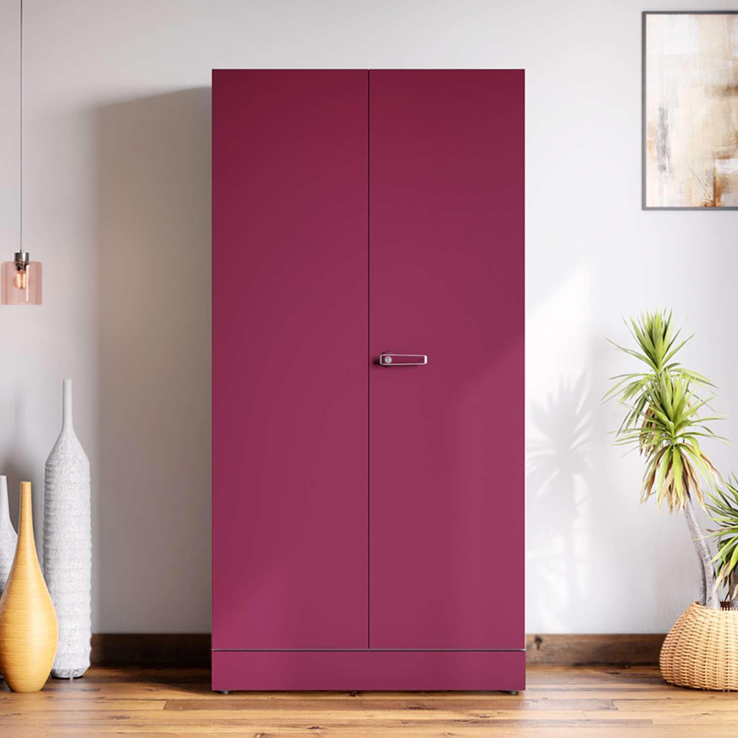 Interio by Godrej Auraline Men Basic 2-Door Steel Almirah | Cupboard for Clothes, Textured Berry, 1-Year Warranty, 3 Shelves, 1 Drawer-image-3