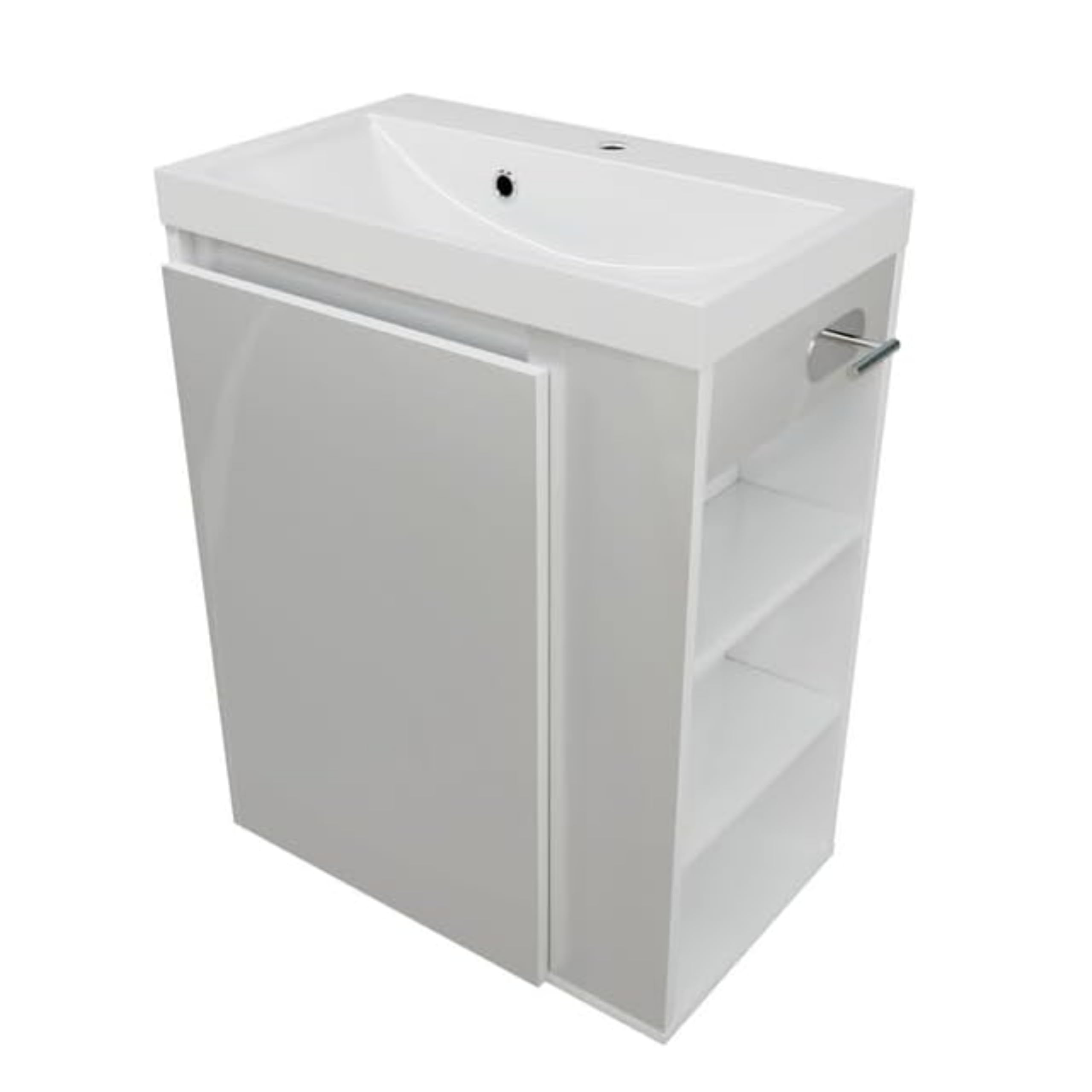 Waschbecken mit Unterschrank SEVA, 57 cm Breite, Waschtisch Stehend oder Hängend, Badmöbel Set für Badezimmer, Waschbeckenunterschrank mit Toilettenpapierhalter - Weiß