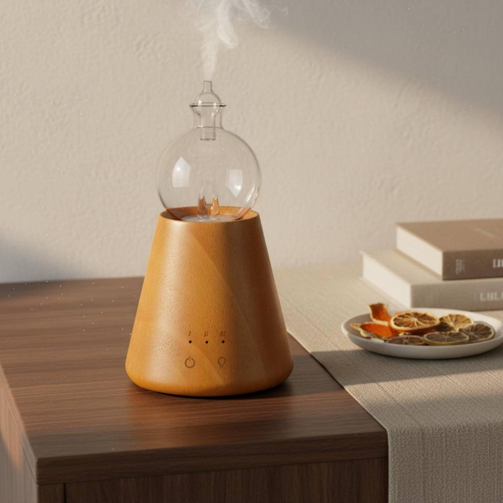 B Baosity Diffuseur d'Arômes Diffuseur d'Huiles Essentielles Nébuliseur Appareil Odorant Chêne Robuste et Verre Minuterie 2h et Lumière Douce Adapté au Sommeil, Tour Marron