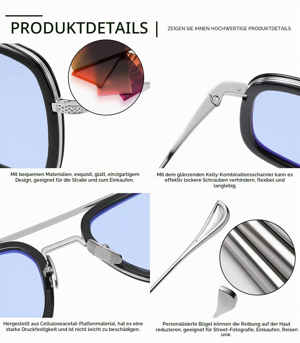 SHEEN KELLY Pilotensonnenbrille Acetat für Herren Damen Retro Quadratisch Silberfarbener Metallrahmen Blaue Nylonlinse Brillen UV400