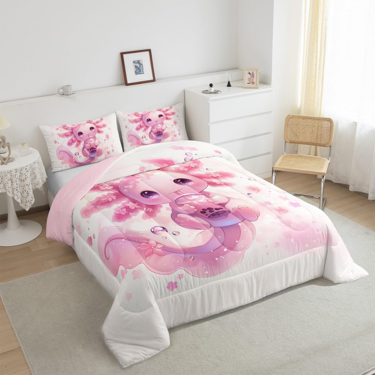 Cute Axolotl Duvet Quilt Kids Cartoon Salamander Bedding Set Toddler Size Kawaii Ocean Sealife Comforter Set for Women Men Room Decor Breathable Soft Lightweight Microfiber Floral with 1 Pillow Case