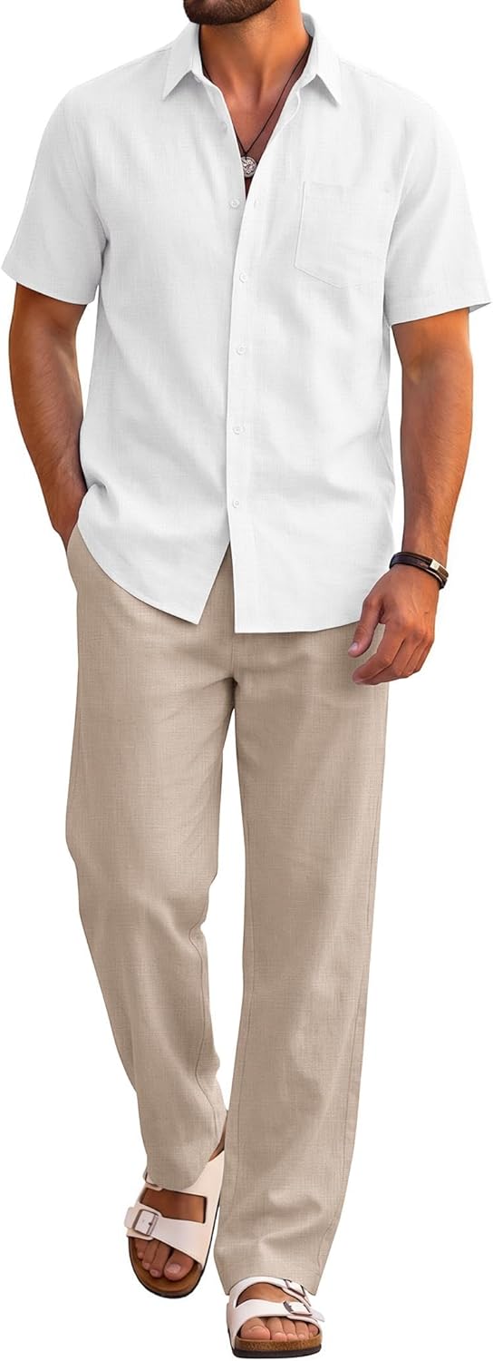 COOFANDY Men's 2 Piece Sets Beach Outfits Cotton Short Sleeve Button Down Shirts Loose Pants Summer Vacation Casual Outfits