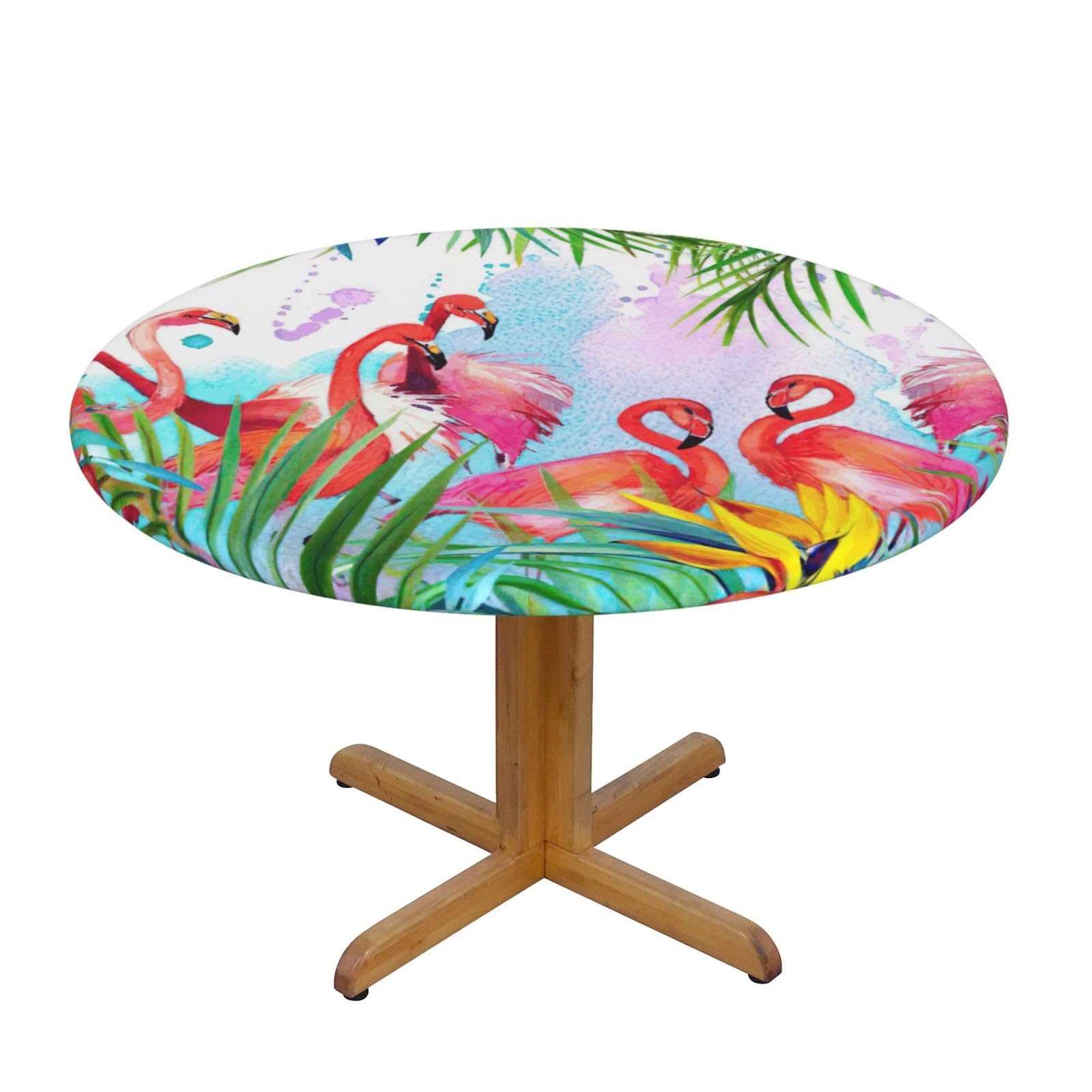 DUWAA Painted Flamingo Print Oxford Fitted Table Cover For Patio Picnic, Waterproof Round Tablecloth For Home And Outdoor
