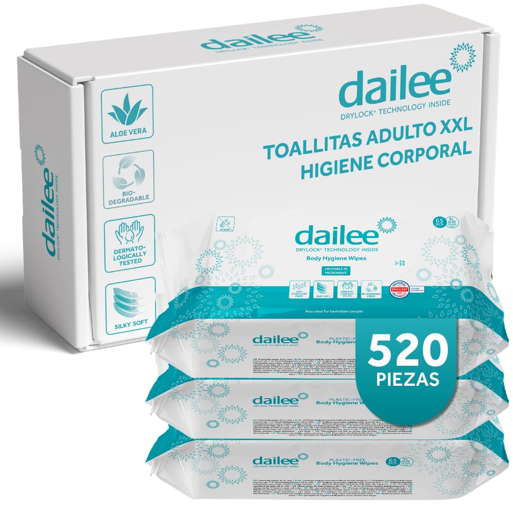 Dailee Toallitas Húmedas Adultos - 520x Toallitas XXL Higiene Corporal e Intima - Grandes, Suaves, Humedas, Calentables en Microondas y Biodegradables - 8 Paquetes de 65 Unidades