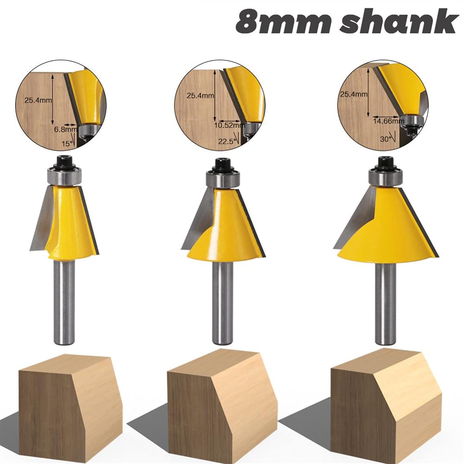 8mm Shank Chafler Router Bit 15 22.5 30 grados cortador de fresado for máquina de madera Fresas de mango JIYAMI'EN EL (Size : 3PCS)