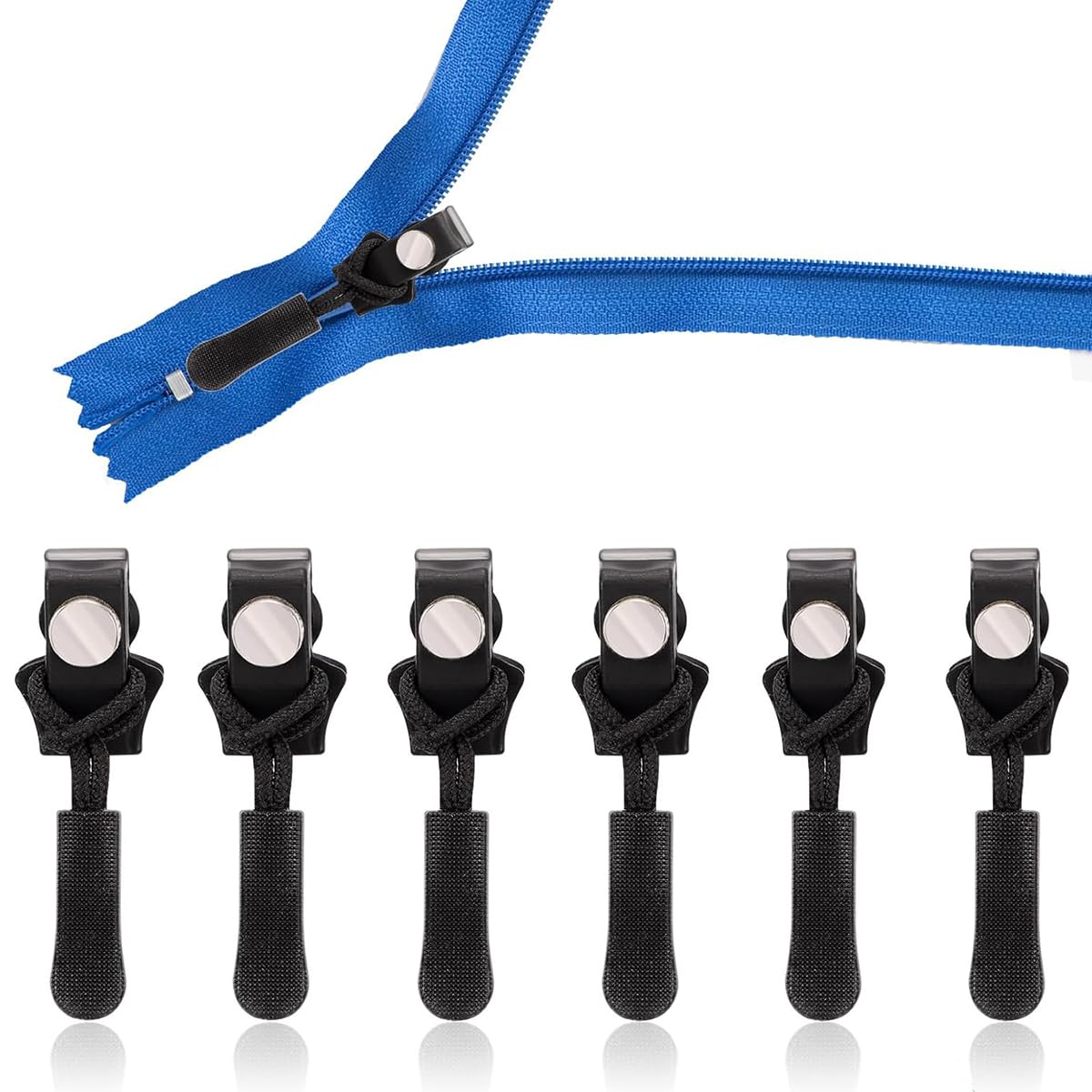 6Pcs Universal Zipper Puller Replacement Adjustable Zipper Restorer Removable Zipper Pullers Non-Slip Metal Spare Zipper Pullers for Clothes, Jeans, Wallets, Luggage (Black)