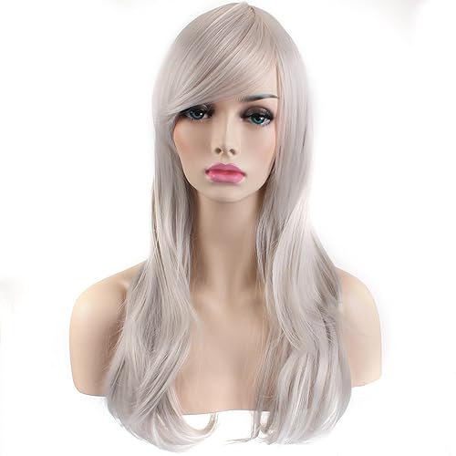 Miniatura 3 de Peluca de cosplay para mujeres con gorra, peluca de 28 in largo y ondulado resistente al calor de AKStor, Blanco