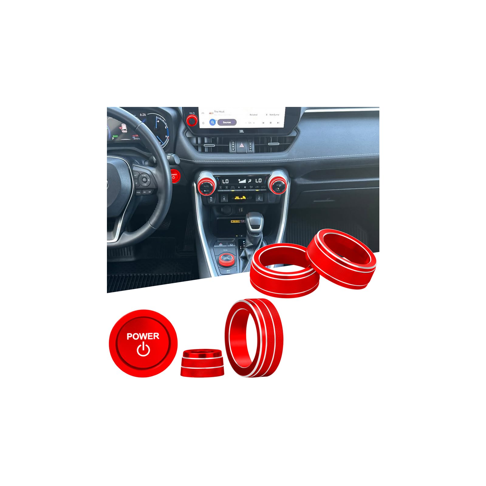 for Toyota RAV4/RAV4 Hybrid 2023 2024 2025 air Conditioning knob Cover, Start Button Cover Decorative Ring, Volume, Aluminum Alloy Decoration (RAV4 Hybrid, red)