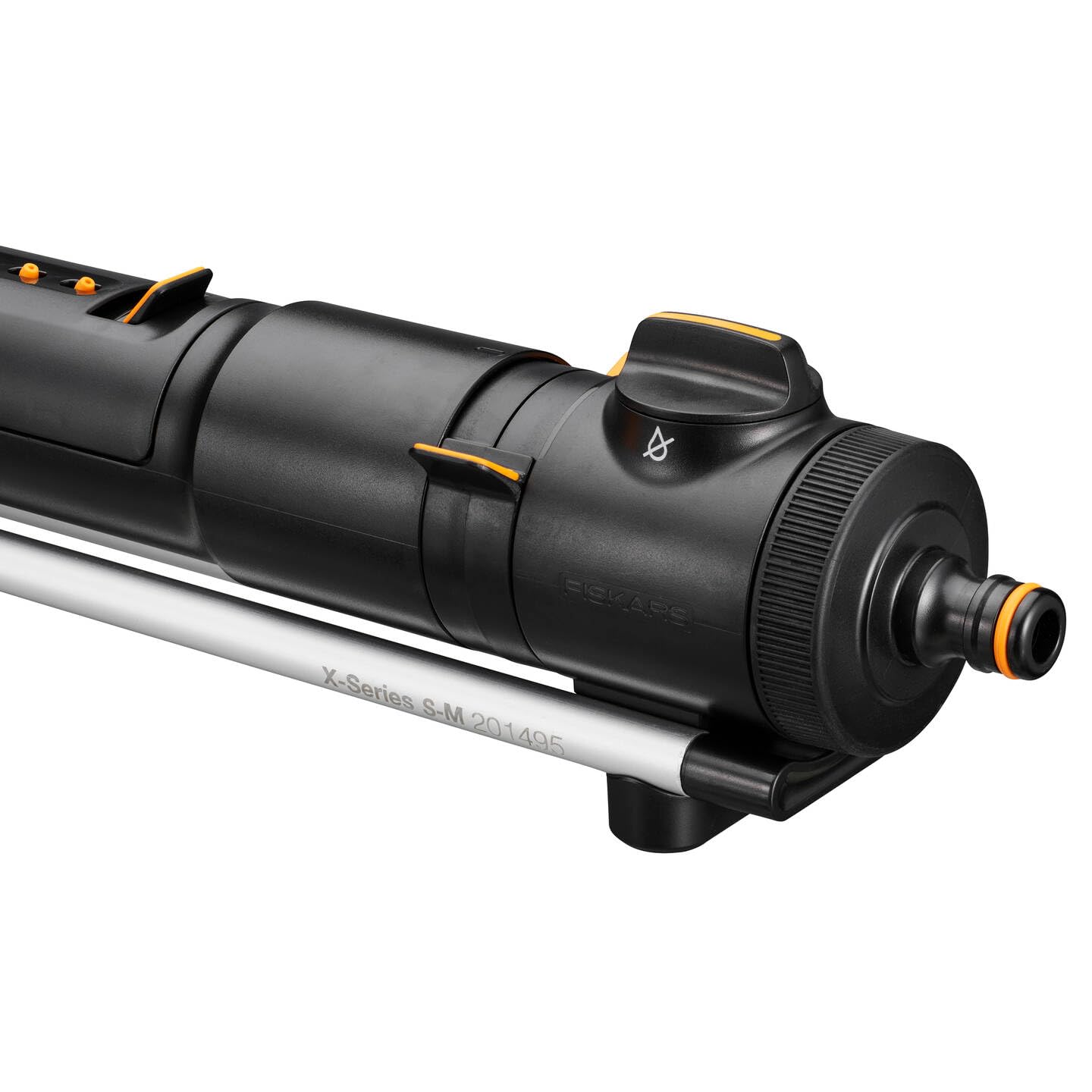 Fiskars X-Series Irrigatore Oscillante S-M | Comprensivo di filtro estraibile e strumento per la pulizia degli ugelli, Irrigazione di 150-300 m², Nero/Arancio, 1070832