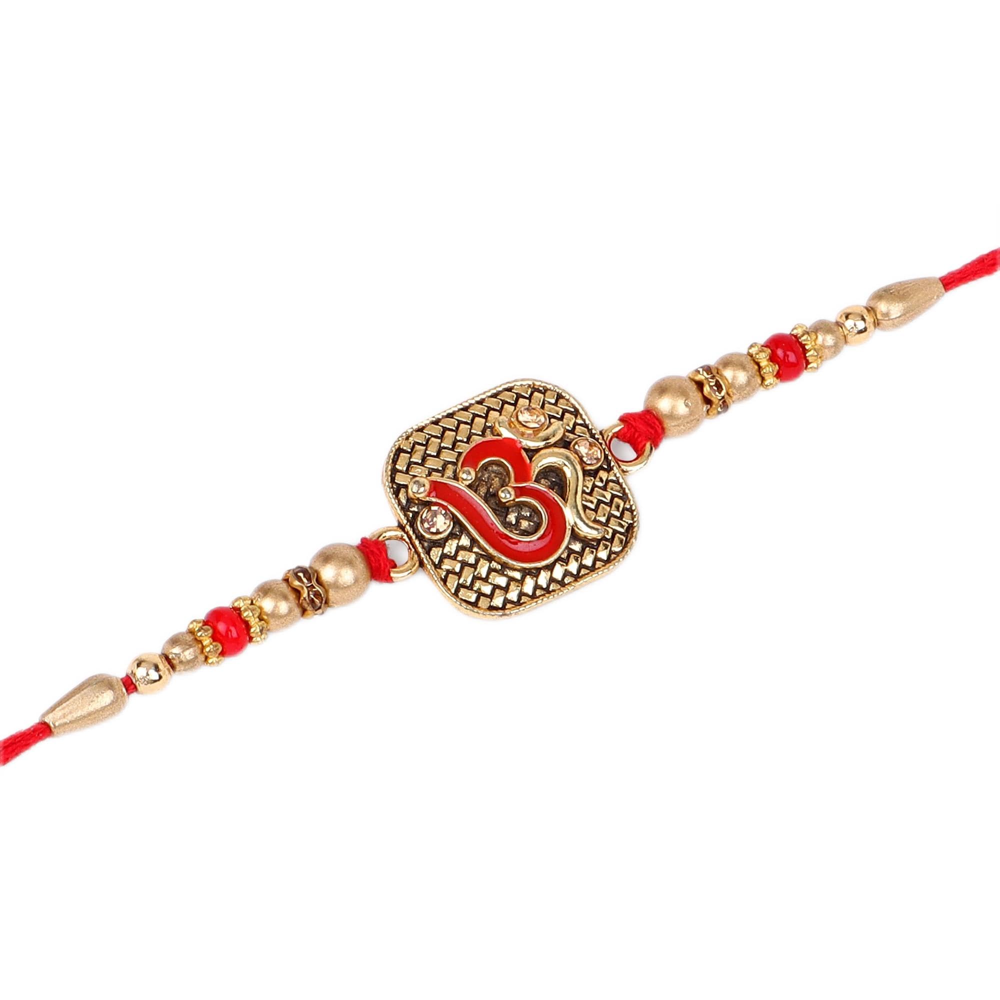 NITYAM ENTERPRISES Gold Plated Red OM Diamond Ring Bracelet Rakhi with Roli Chawal(NE 244) For Men (B0CB4SNPB9) Amazon Price History, Amazon Price Tracker