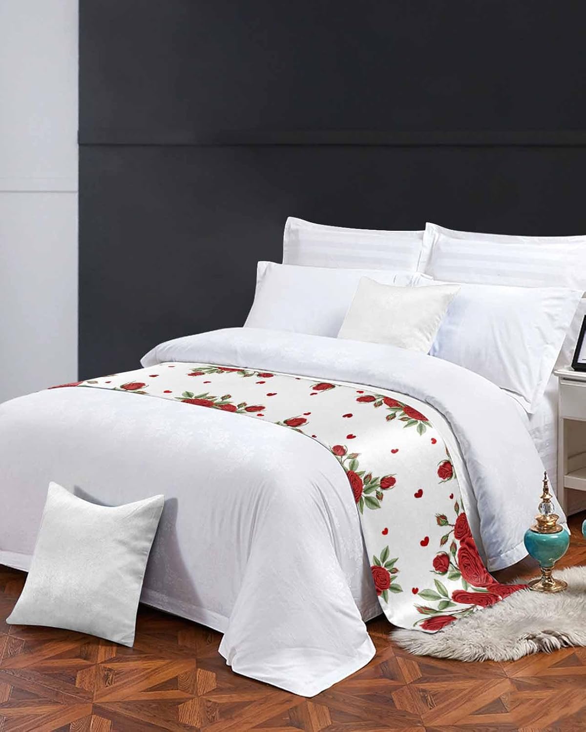 Bed Runner Scarf White Romantic Floral Blossom Valentine's Day Red Rose Bedding Scarf Decorative Bed Runners Cover for Home Bedroom Hotel Wedding Room Bed Scarf for Foot of Bed King 102x20in