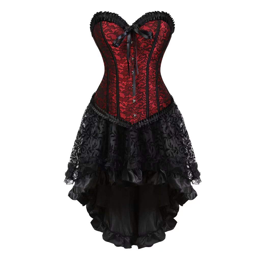 Josamogre Women's Red Corsets And Bustiers Dress With Skirt Set Lace Up Boned Gothic Burlesque Flower Print 4XL