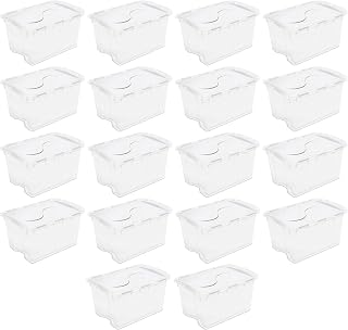 Sterilite 48 Qt Hinged Lid Storage Box, Stackable Bin with Lid, Plastic Container to Organize Home, Office, Basement, Clear with White Lid, 18-Pack