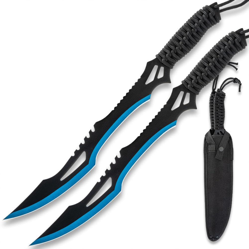 Blue Guardian Twin Machete Set With Sheath | 11” Stainless Steel Blades | Blue and Black Finish | Paracord Wrapped Handles | Includes Nylon Sheath with Adjustable Strap | 17 1/2” Overall Length