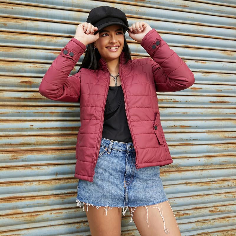 Image of Campus Sutra Women's Fleece-Lined Biker Jacket For Casual Wear | Spread Collar | Long Sleeve | Zipper Closure | Jacket Crafted With Comfort Fit For Everyday Wear