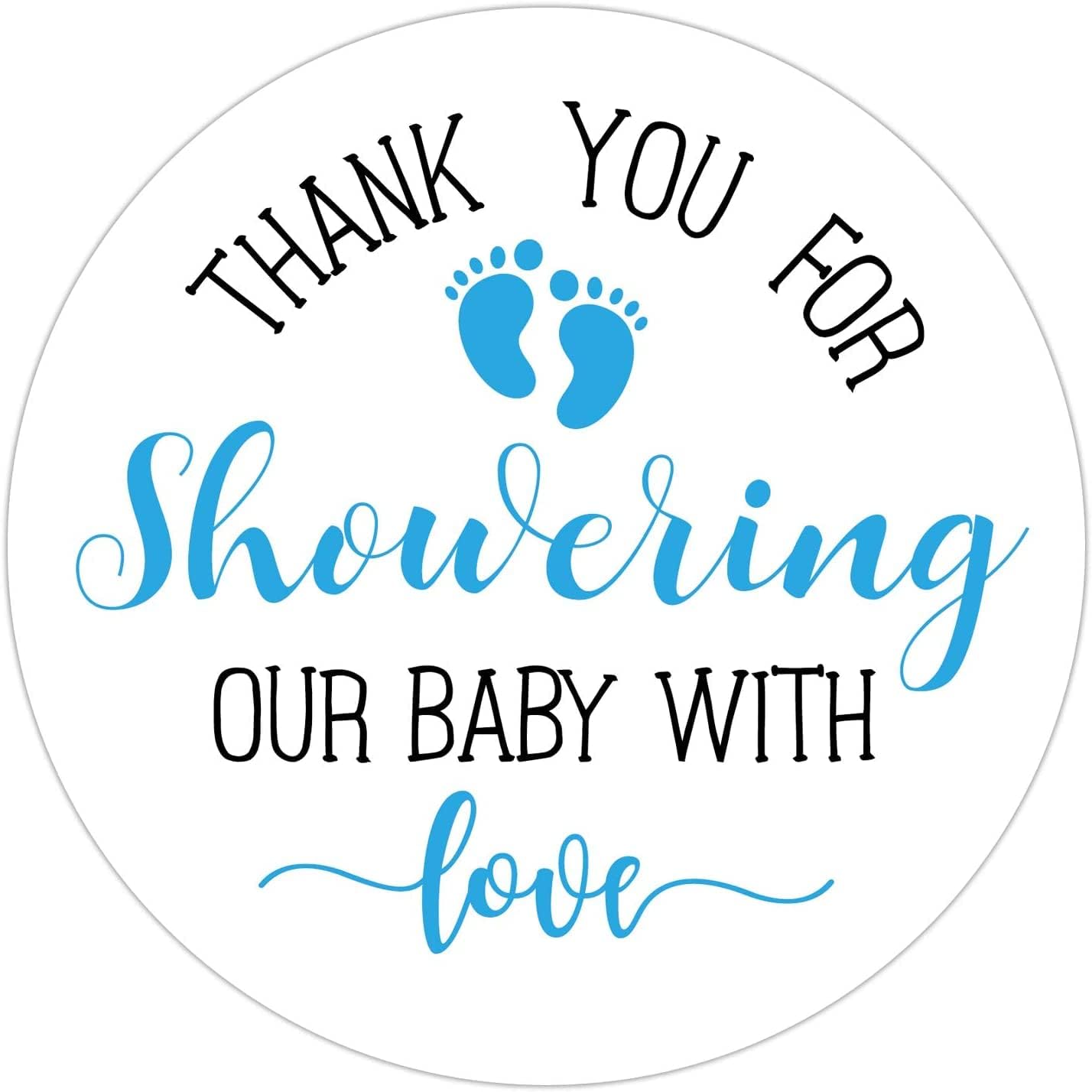 50 Blue Little Feet Baby Shower Stickers - Thank You for Showering Our Baby With Love, Favors for Boys, Labels, 2 Inch