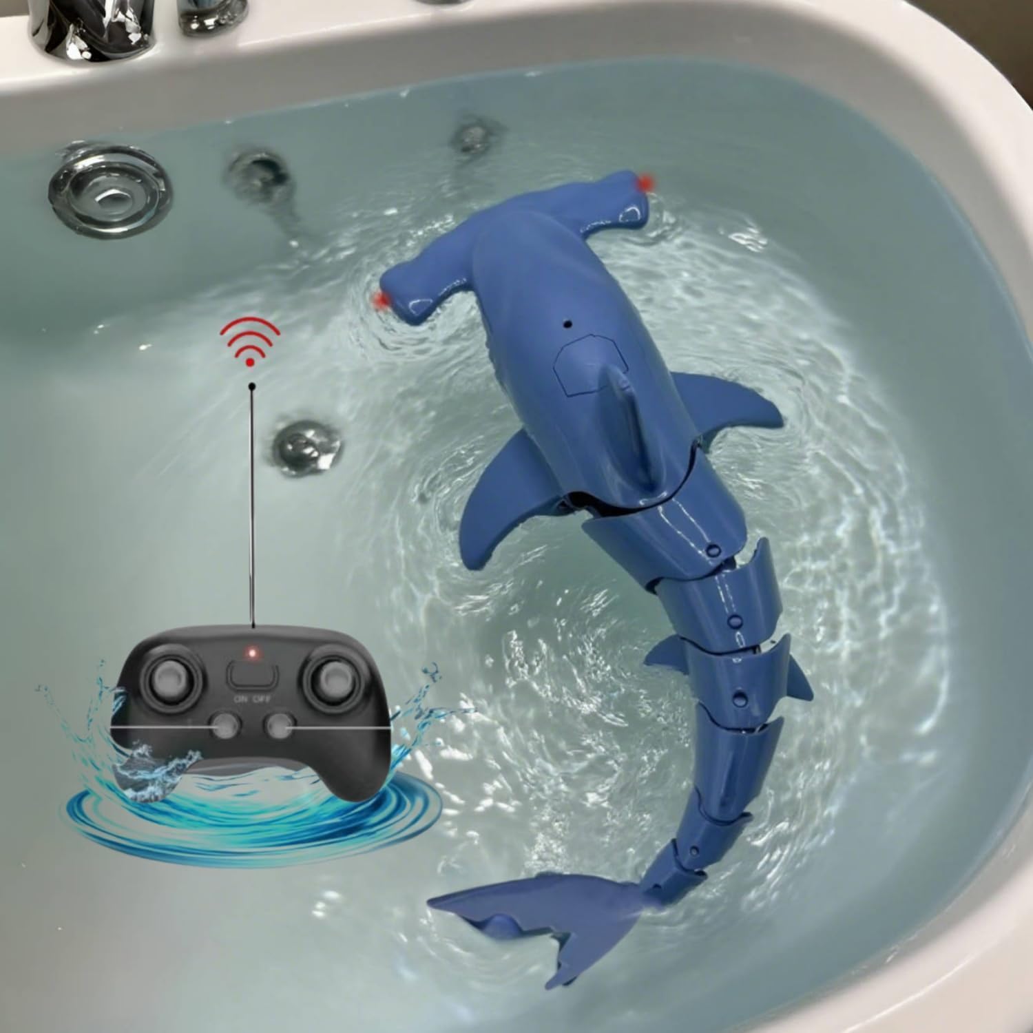 Beach and Summer Pool Remote Control Shark Boat, Bath Toy, RC Submarine Robo Shark Model, Realistic Wiggle-Tail Electric Fish, Hammerhead and Dusky Sharks (Cyan)