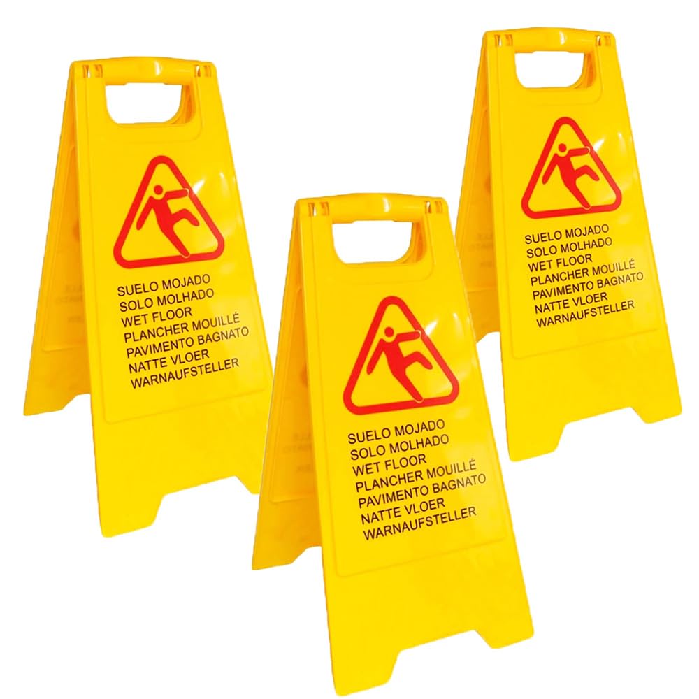 Paluplus 3 Cartelli di Avviso Pavimento Bagnato, Misura 30x38x59 cm, Segnale di Avvertimento Giallo Pieghevole, Scritta Multilingue -3718F