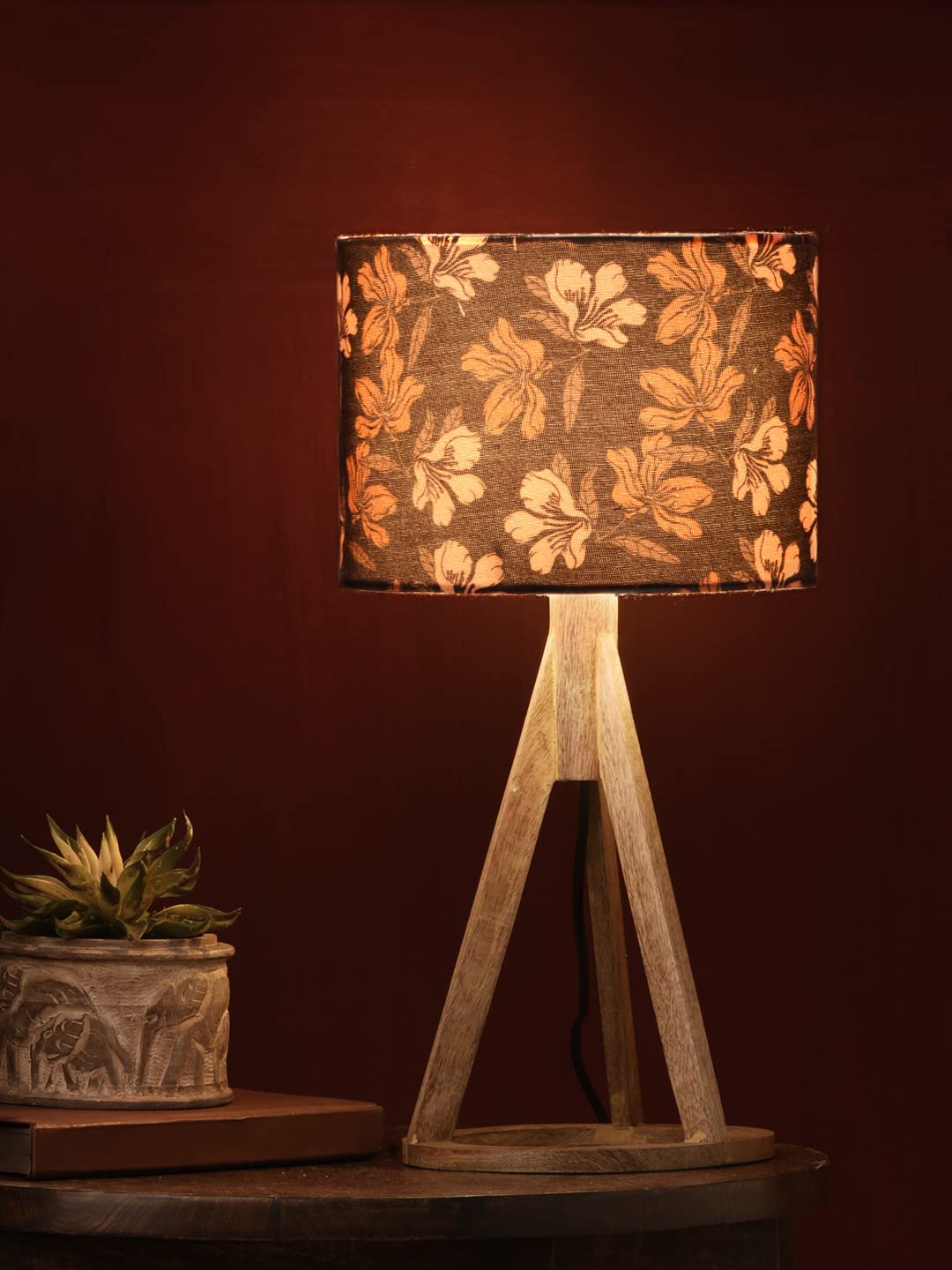 Green Girgit Black Flower Trio Wooden Lamp | | Bedside Side Table Lamp with Wooden Base | Bed Room,Living Room, Home & Decor (Black Flower)-image-16
