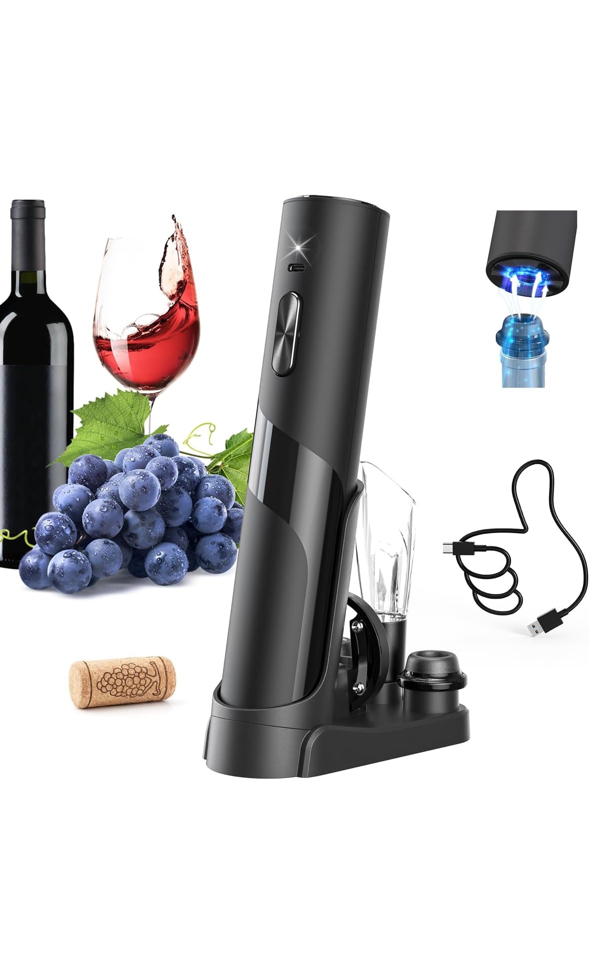 Electric Wine Set, Automatic Wine Bottle Opener with Stand, Black