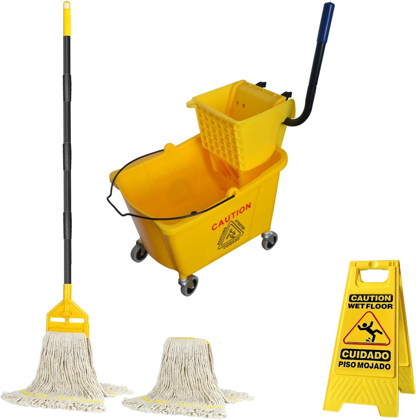 KULED Commercial Mop Bucket with Side Press Wringer, Including Wet Floor Caution Sign and One Industrial Mop with 2 Mop Heads, for Floor Cleaning and Mopping, 38 Quart, Yellow