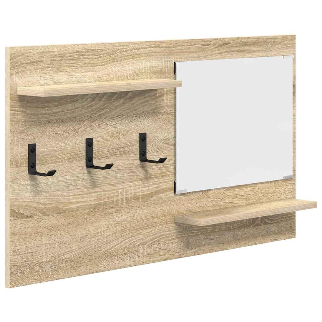 Sonoma Oak Wall Mounted Shelf with Mirror and Hooks | Made of engineered wood measuring 35.4x3.9x19.7 inches, featuring 2 storage ledges for entryway or bathroom organization.