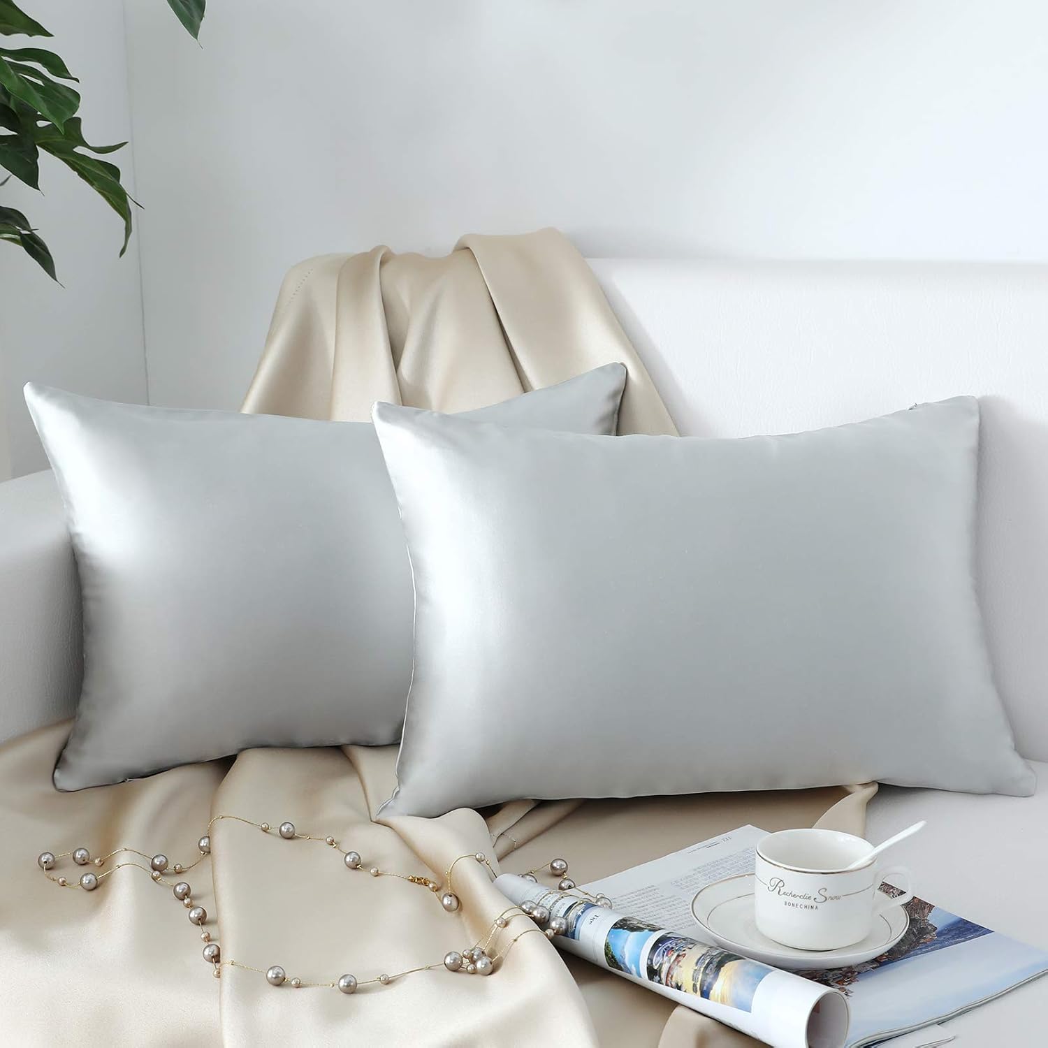 QOPOYU Pack of 2 Decorative Faux Silk Throw Pillow Covers Set Slip Cooling Satin Square Pillowcases for Sofa Bedroom Car(12x20 Inches Silver)