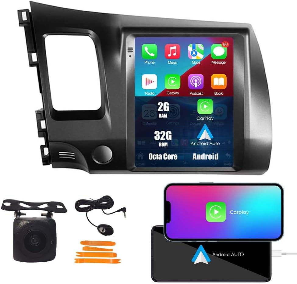 Kunfine Tesla Style Car CarPlay Android Auto Navigation Stereo GPS Radio Reverse Camera 9.7" IPS Touchscreen Headunit Tablet Media Player for Honda Civic 2004-2011, if Applicable Octa Core 2G+32G MT