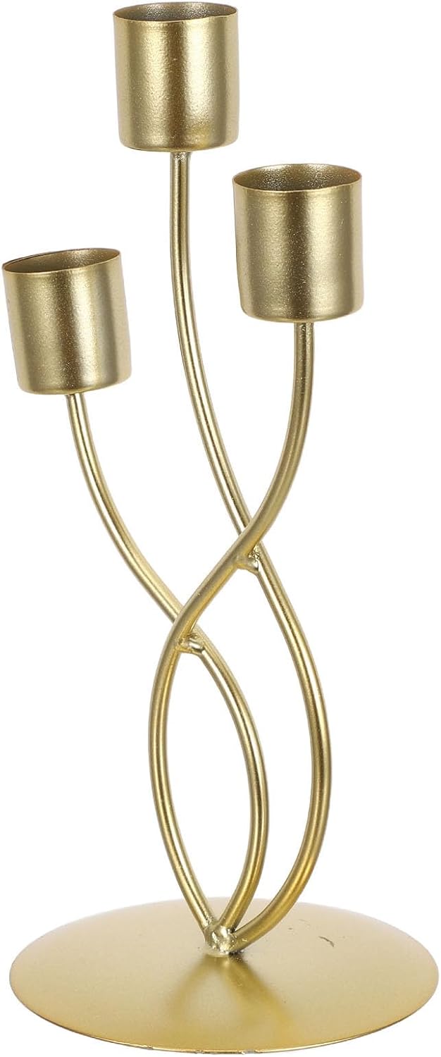 Triple Candle Holder Candelabra Golden Metal Three-arm | Wrought Tabletop Stand, Large Diameter Base for Stable Centerpiece Structure, Vintage Farmhouse Style for Parties and Wedding